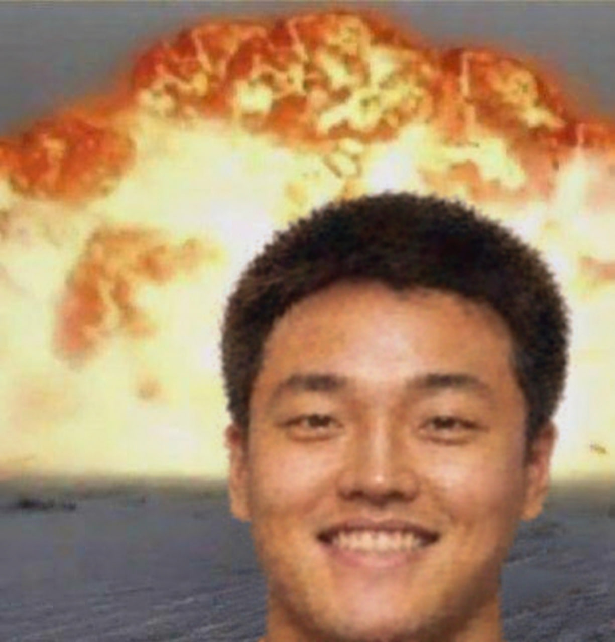 Do Kwon smiling in front of an enormous explosion.