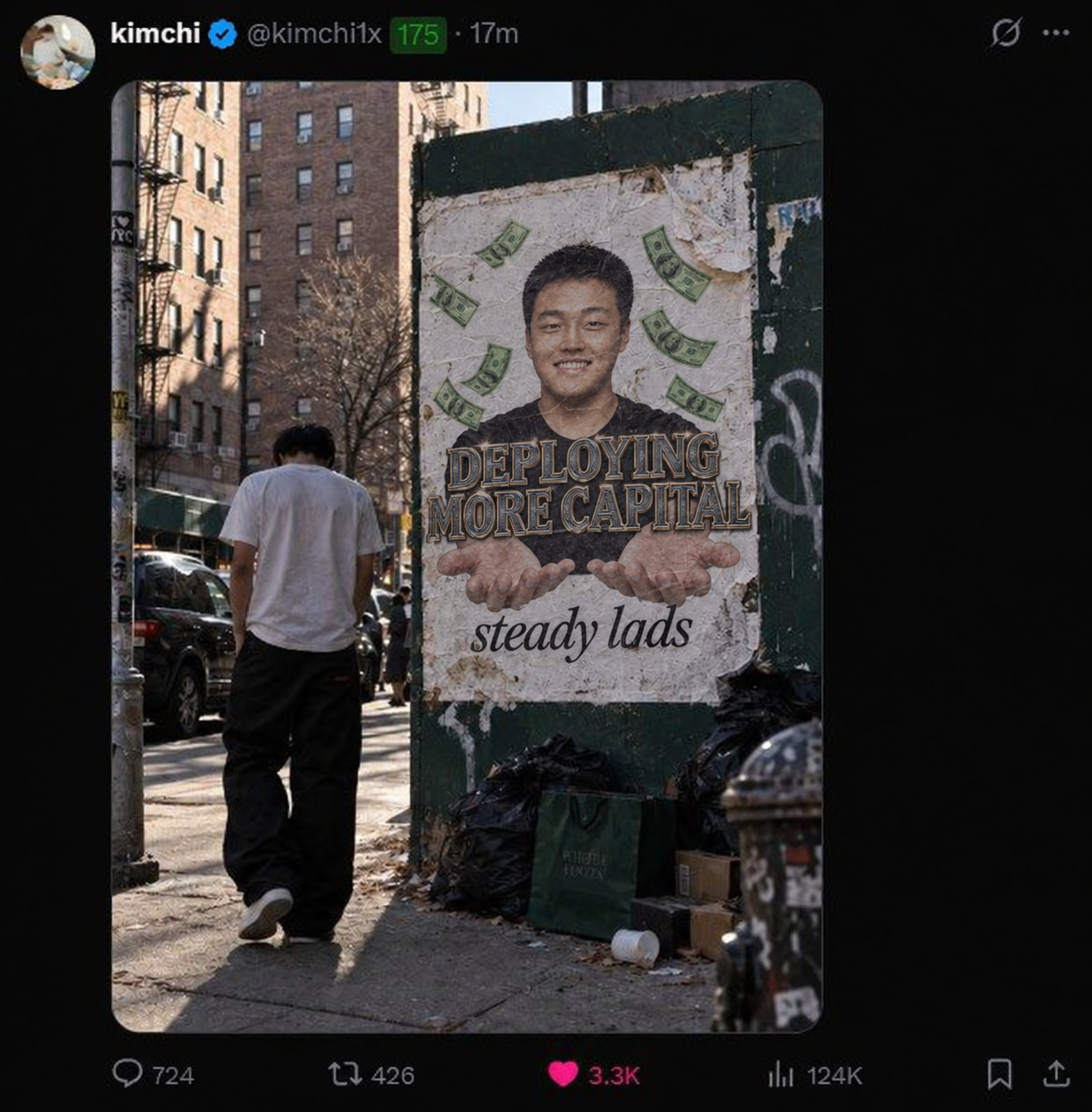 Steady lads, deploying more capital poster pasted on a city street wall.
